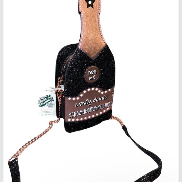 BLACK GLITTER & ROSE GOLD “I ONLY DRINK CHAMPAGNE” BOTTLE CROSSBODY PURSE NWOT - Picture 5 of 16